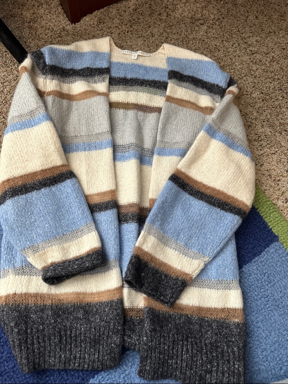 Veronica Beard Cream, Light Blue & Charcoal Striped Knit Cardigan